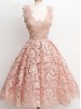 Luxurious A-line Bridesmaid Dresses Peach Straps Lace Sleeveless Knee Length Zipper