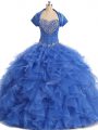 Simple Floor Length Blue 15 Quinceanera Dress Organza Sleeveless Beading and Ruffles