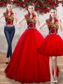 Clearance Floor Length Red 15th Birthday Dress Organza Sleeveless Appliques