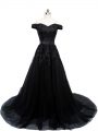 Lace Up Military Ball Gowns Black for Prom and Military Ball and Sweet 16 with Beading and Lace and Appliques Brush Train