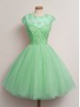 Turquoise Tulle Lace Up Scoop Cap Sleeves Knee Length Bridesmaid Gown Lace