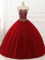 Traditional Sleeveless Tulle Floor Length Lace Up 15 Quinceanera Dress in Wine Red with Beading