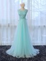 Apple Green Scoop Zipper Lace and Bowknot Quinceanera Court of Honor Dress Brush Train Sleeveless