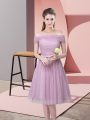 Designer Knee Length Lavender Bridesmaids Dress Tulle Sleeveless Ruching and Belt