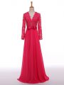 Super Lace and Appliques and Belt Mother Of The Bride Dress Hot Pink Zipper Long Sleeves Floor Length