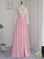 Dramatic Baby Pink Long Sleeves Floor Length Beading Zipper Homecoming Dress