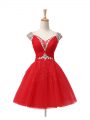 Suitable Red A-line Tulle V-neck Cap Sleeves Beading and Sequins Mini Length Lace Up