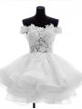White Zipper Prom Gown Beading and Lace and Ruffles Sleeveless Mini Length