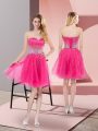 Hot Pink A-line Tulle Sweetheart Sleeveless Beading Mini Length Lace Up Cocktail Dresses