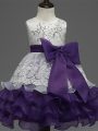 White And Purple Zipper Pageant Gowns For Girls Lace and Ruffled Layers and Bowknot Sleeveless Tea Length
