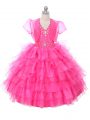 Hot Pink Halter Top Neckline Beading and Ruffled Layers Pageant Gowns For Girls Sleeveless Lace Up