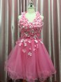 Fashionable Mini Length Pink Evening Dress Halter Top Sleeveless Backless