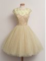 Knee Length Champagne Bridesmaid Dresses Scoop Cap Sleeves Lace Up
