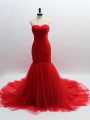 Sweet Red Sleeveless Tulle Brush Train Lace Up Formal Evening Gowns for Prom and Sweet 16