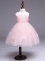 Sleeveless Knee Length Appliques and Bowknot Zipper Little Girls Pageant Dress with Baby Pink
