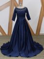 Luxury Navy Blue Mother Of The Bride Dress Scoop 3 4 Length Sleeve Brush Train Zipper