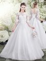 Deluxe White Lace Up Wedding Gown Lace Half Sleeves Floor Length