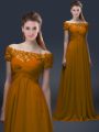Off The Shoulder Short Sleeves Mother Of The Bride Dress Floor Length Appliques Brown Chiffon