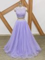 Lavender Tulle Side Zipper Scoop Sleeveless Floor Length Celebrity Dress Beading