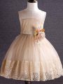 Champagne Tulle Zipper Girls Pageant Dresses Sleeveless Knee Length Lace and Hand Made Flower