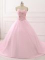 Inexpensive Baby Pink Ball Gowns Sweetheart Sleeveless Tulle Brush Train Lace Up Beading Quinceanera Dresses