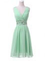 Fabulous Apple Green Chiffon Zipper V-neck Sleeveless Knee Length Wedding Guest Dresses Beading and Ruching