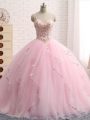 Baby Pink Quinceanera Dresses Spaghetti Straps Sleeveless Brush Train Lace Up
