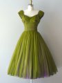 Sumptuous Ruching Court Dresses for Sweet 16 Olive Green Lace Up Cap Sleeves Knee Length