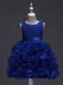 Fashionable Royal Blue Ball Gowns Ruffles and Belt Kids Formal Wear Lace Up Organza Sleeveless Knee Length