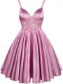 Elastic Woven Satin Spaghetti Straps Sleeveless Lace Up Lace Dama Dress for Quinceanera in Lilac