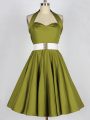 Olive Green A-line Taffeta Halter Top Sleeveless Belt Knee Length Lace Up Dama Dress for Quinceanera