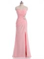 Pretty Baby Pink Sleeveless Floor Length Beading and Ruching Side Zipper Prom Party Dress