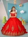 Red Sleeveless Floor Length Appliques and Embroidery Lace Up Little Girl Pageant Gowns