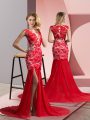 Coral Red Red Carpet Gowns V-neck Sleeveless Brush Train Zipper