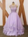 Nice Lavender A-line Scoop Sleeveless Organza Brush Train Zipper Beading and Ruffles Homecoming Dress