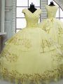 Elegant Beading and Embroidery 15 Quinceanera Dress Light Yellow Lace Up Cap Sleeves Brush Train