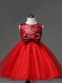 Dazzling Red Zipper Scoop Sequins and Bowknot Kids Formal Wear Tulle Sleeveless