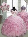 Sleeveless Organza Brush Train Lace Up Little Girl Pageant Dress in Baby Pink with Beading and Ruffles