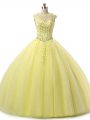 Yellow Tulle Lace Up Vestidos de Quinceanera Sleeveless Floor Length Beading and Lace