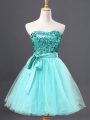 Sweetheart Sleeveless Evening Dress Mini Length Sequins Aqua Blue Tulle