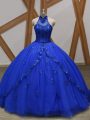 Hot Selling Royal Blue Tulle Lace Up Halter Top Sleeveless 15th Birthday Dress Brush Train Appliques