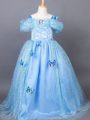 Excellent Light Blue Short Sleeves Floor Length Appliques Side Zipper Little Girls Pageant Dress