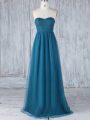 Unique Floor Length Teal Bridesmaid Dress Tulle Sleeveless Appliques