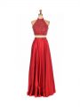 High Quality Red Elastic Woven Satin Backless High-neck Sleeveless Floor Length Prom Party Dress Beading
