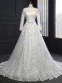 White Tulle Lace Up Wedding Gowns Long Sleeves Brush Train Lace