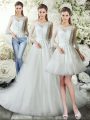 Edgy White Zipper V-neck Lace Wedding Dress Tulle 3 4 Length Sleeve Court Train
