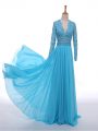Edgy V-neck Long Sleeves Mother Of The Bride Dress Floor Length Lace Baby Blue Chiffon