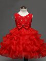 Sleeveless Organza Knee Length Zipper Kids Formal Wear in Red with Lace and Ruffled Layers and Bowknot