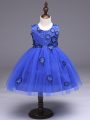 Super Royal Blue Ball Gowns Scoop Sleeveless Tulle Knee Length Zipper Appliques and Bowknot Little Girls Pageant Dress