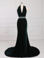 Best Selling Halter Top Sleeveless Brush Train Zipper Formal Dresses Dark Green Elastic Woven Satin